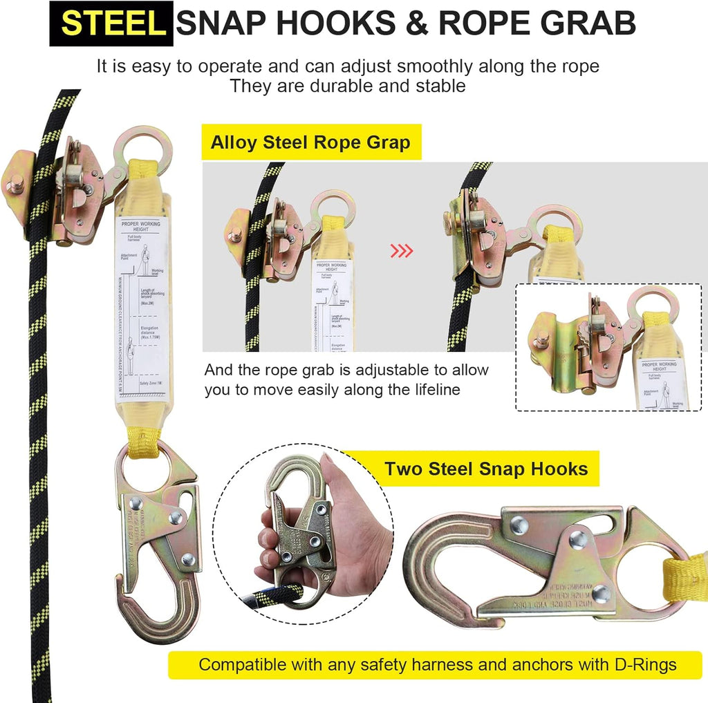 Rope Assembly 25 ft with Rope Grab Snap Hooks Shock Absorber CE Standard O694