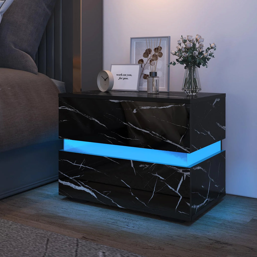 Black High Gloss LED Nightstand Set of 2 with 2 Drawers W958