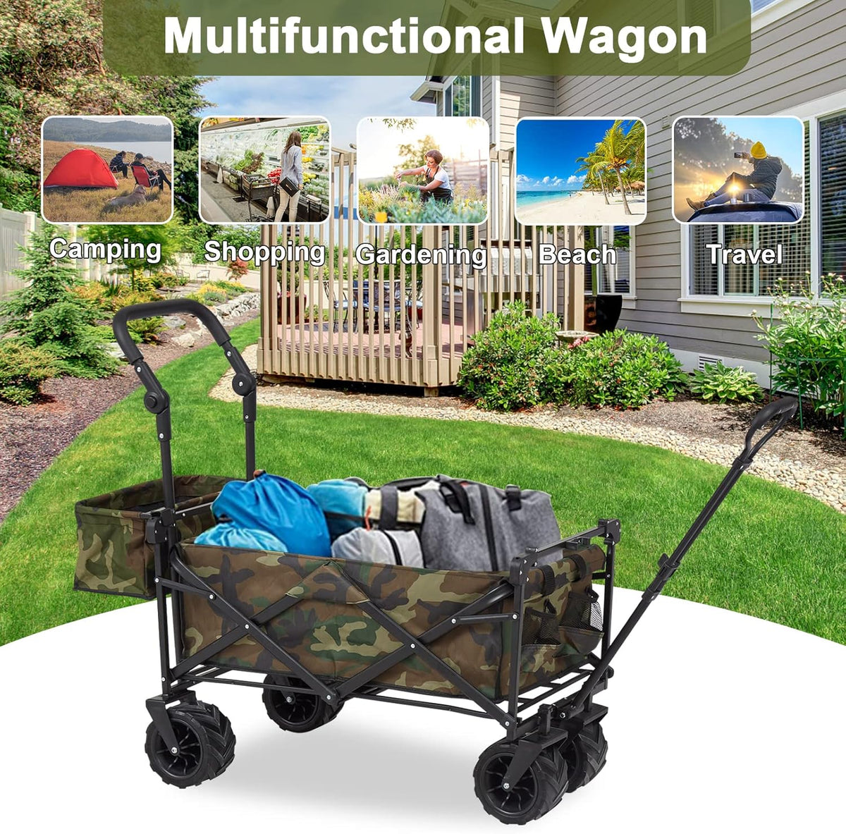 Camouflage Folding Utility Wagon Cart with Removable Canopy H222