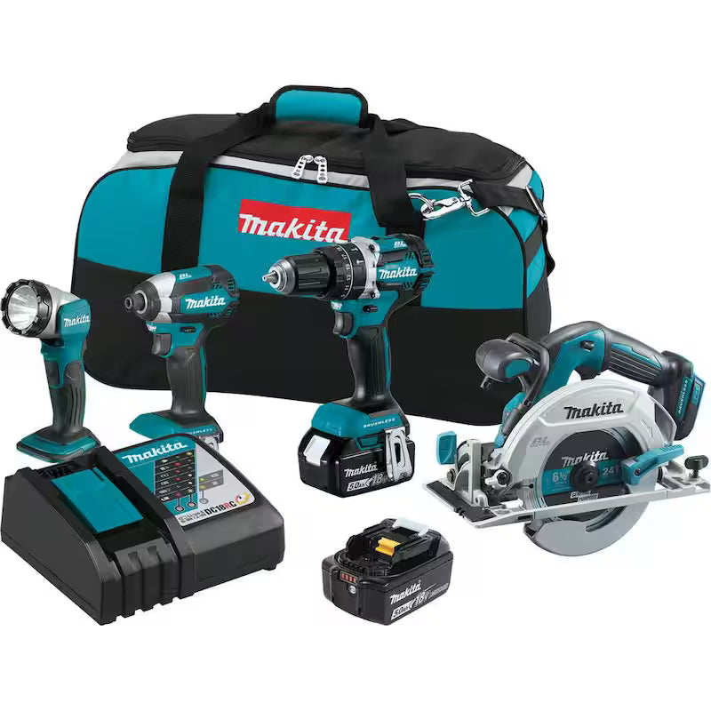 18V Cordless Combo Kit Hammer Drill Impact Driver Circular Saw Flashlight I95551