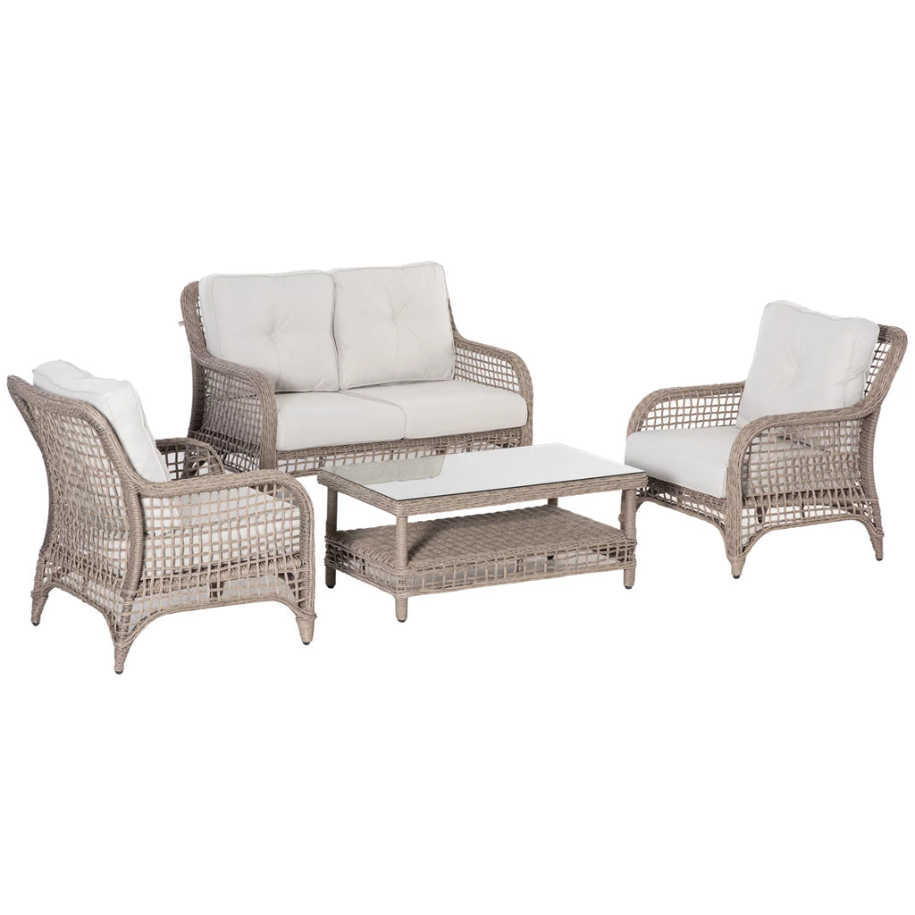 4pc Outdoor Patio Furniture Set with Rattan Chairs, Wicker Loveseat Sofa, Coffee Table and Cushions O7077