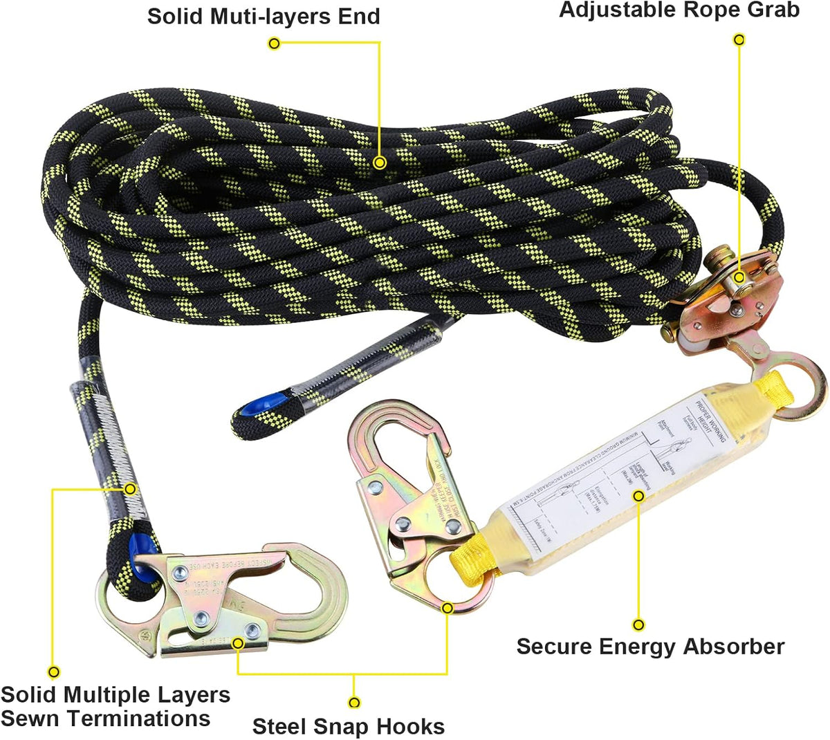 Rope Assembly 25 ft with Rope Grab Snap Hooks Shock Absorber CE Standard O694