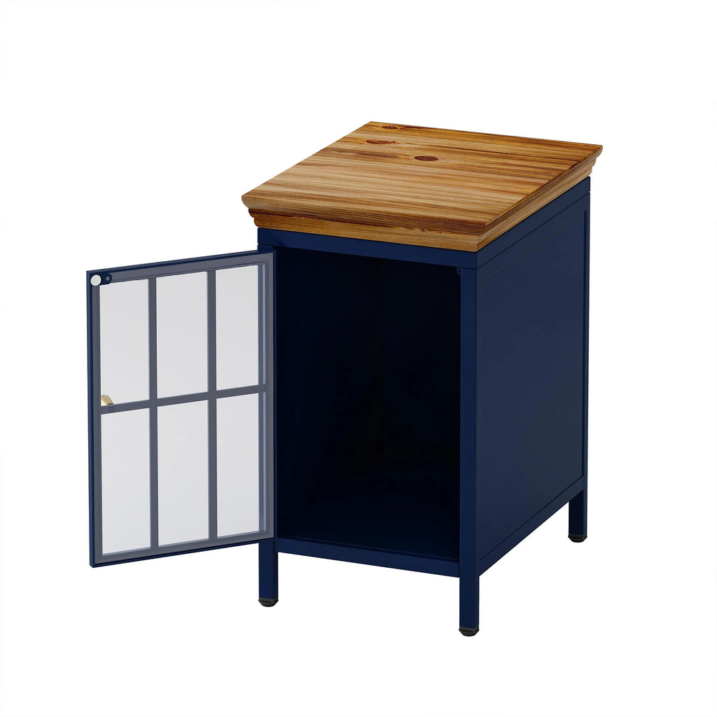 Nightstand with Storage Cabinet & Solid Wood Tabletop, Dark Blue N317
