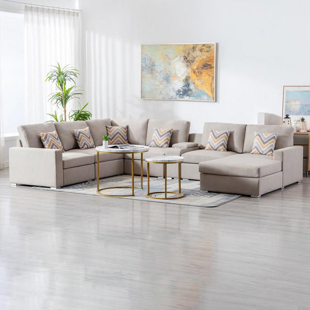 Beige Fabric Reversible Sectional with Charging Port and Storage Console K1197