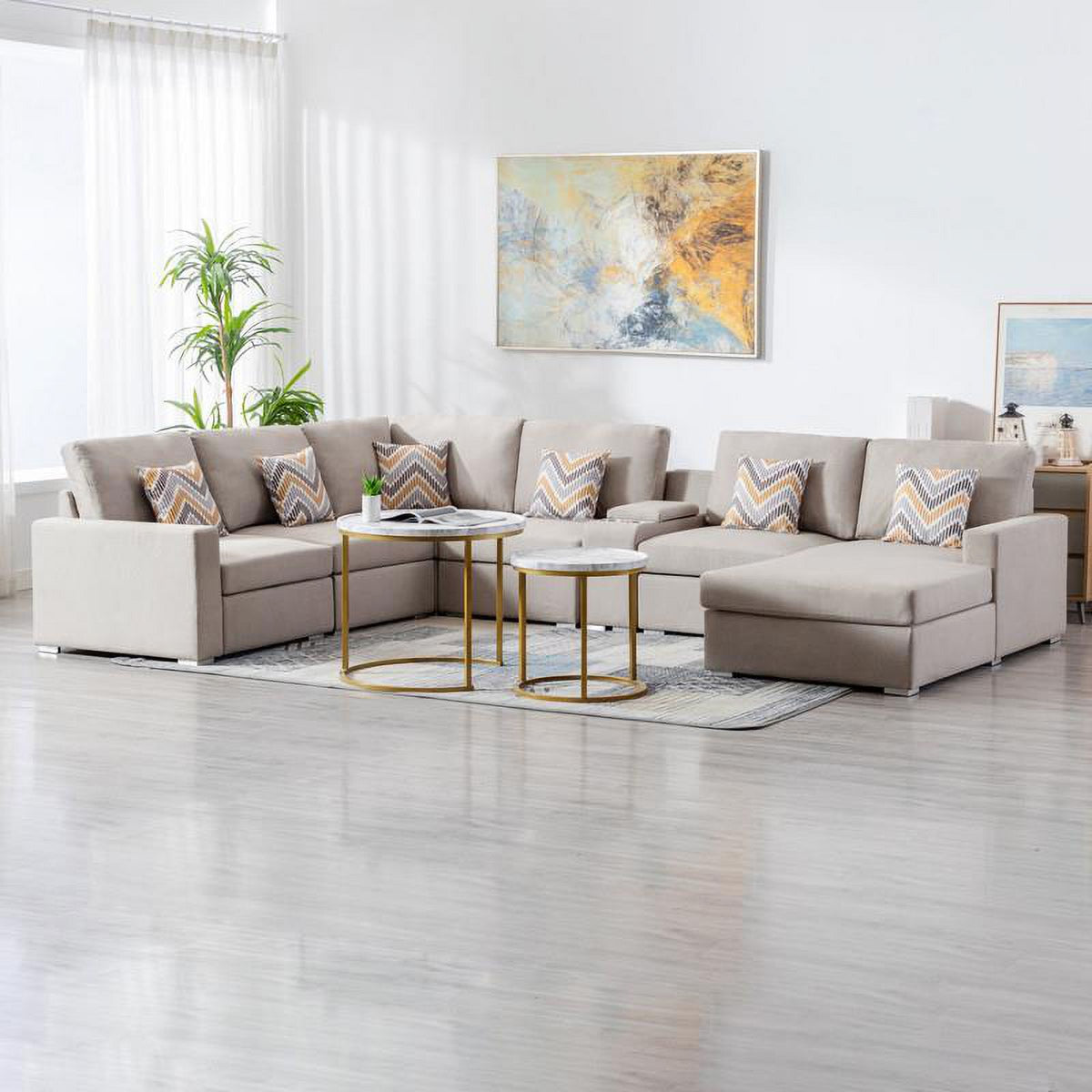 Beige Fabric Reversible Sectional with Charging Port and Storage Console K1197
