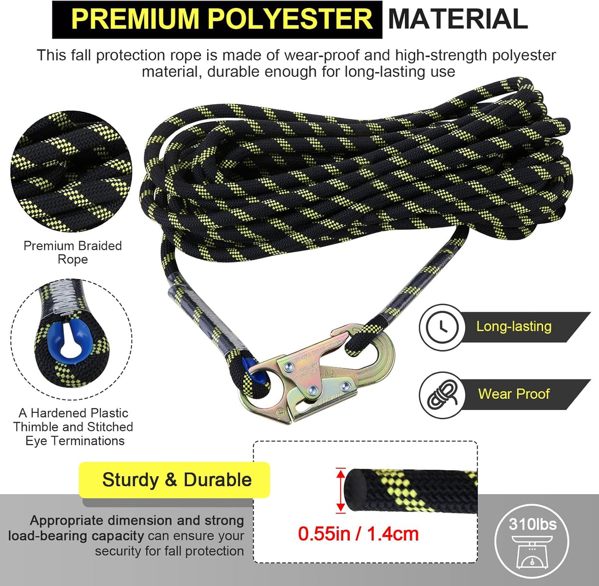 Rope Assembly 25 ft with Rope Grab Snap Hooks Shock Absorber CE Standard O694