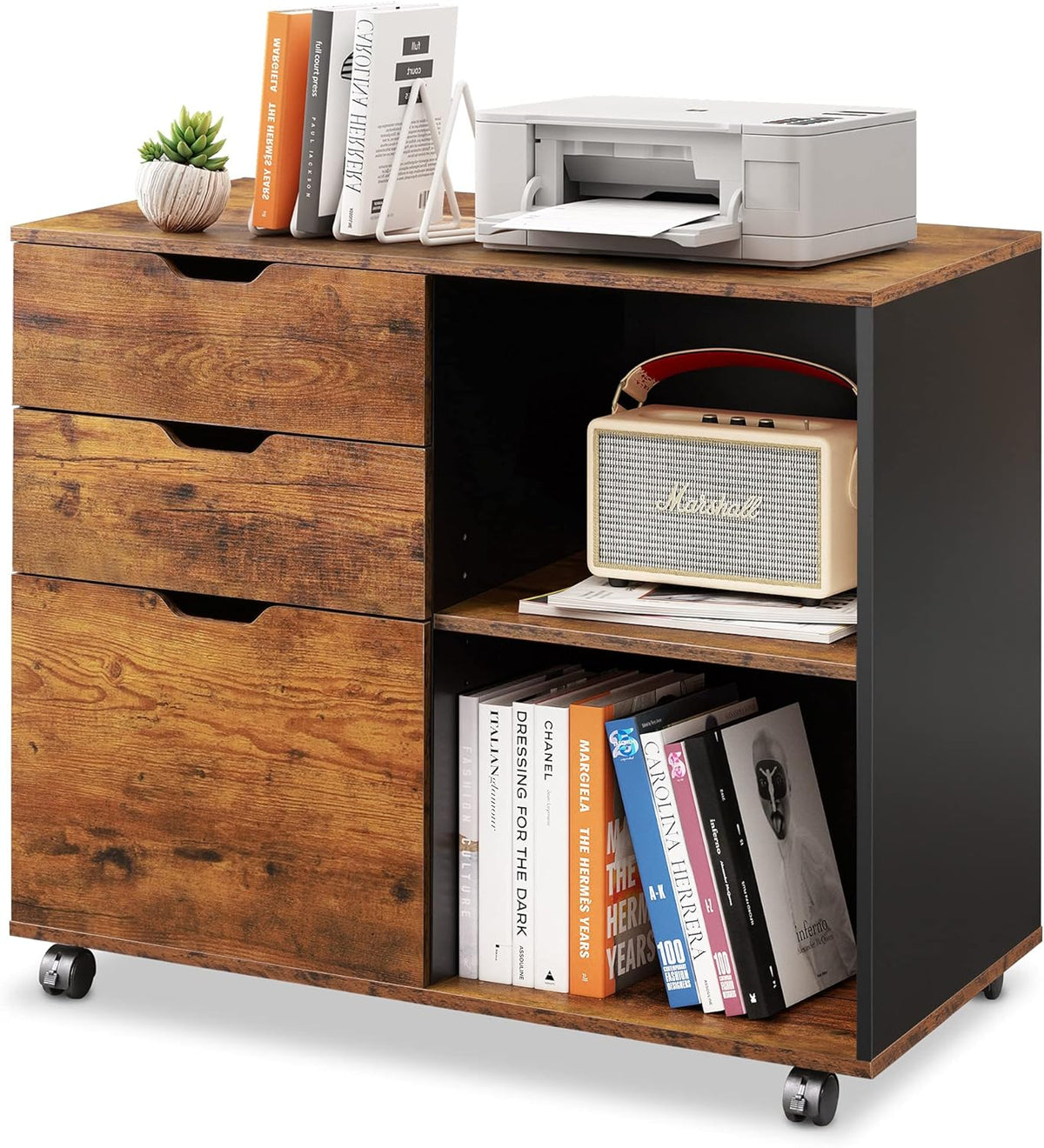 Black 3-Drawer Wood File Cabinet with Open Storage Shelves Z7252