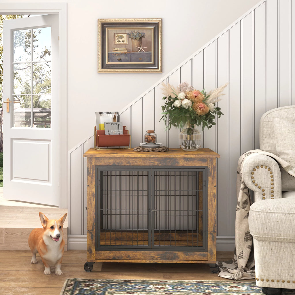 Furniture Dog Cage Crate with Double Doors on Casters U566711