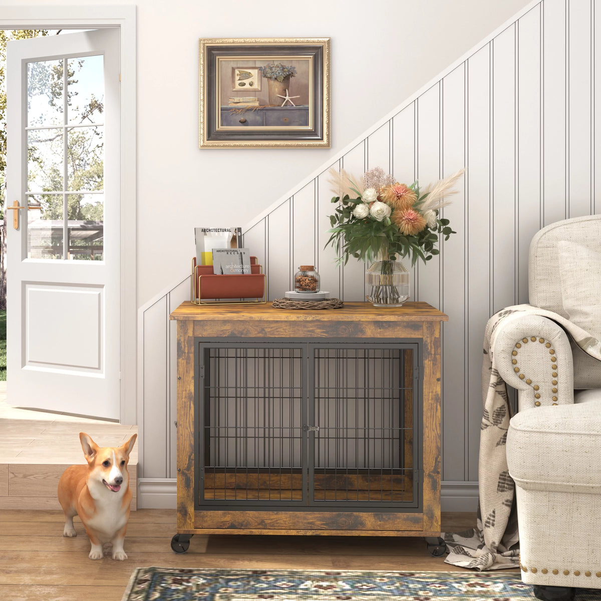 Furniture Dog Cage Crate with Double Doors on Casters U566711