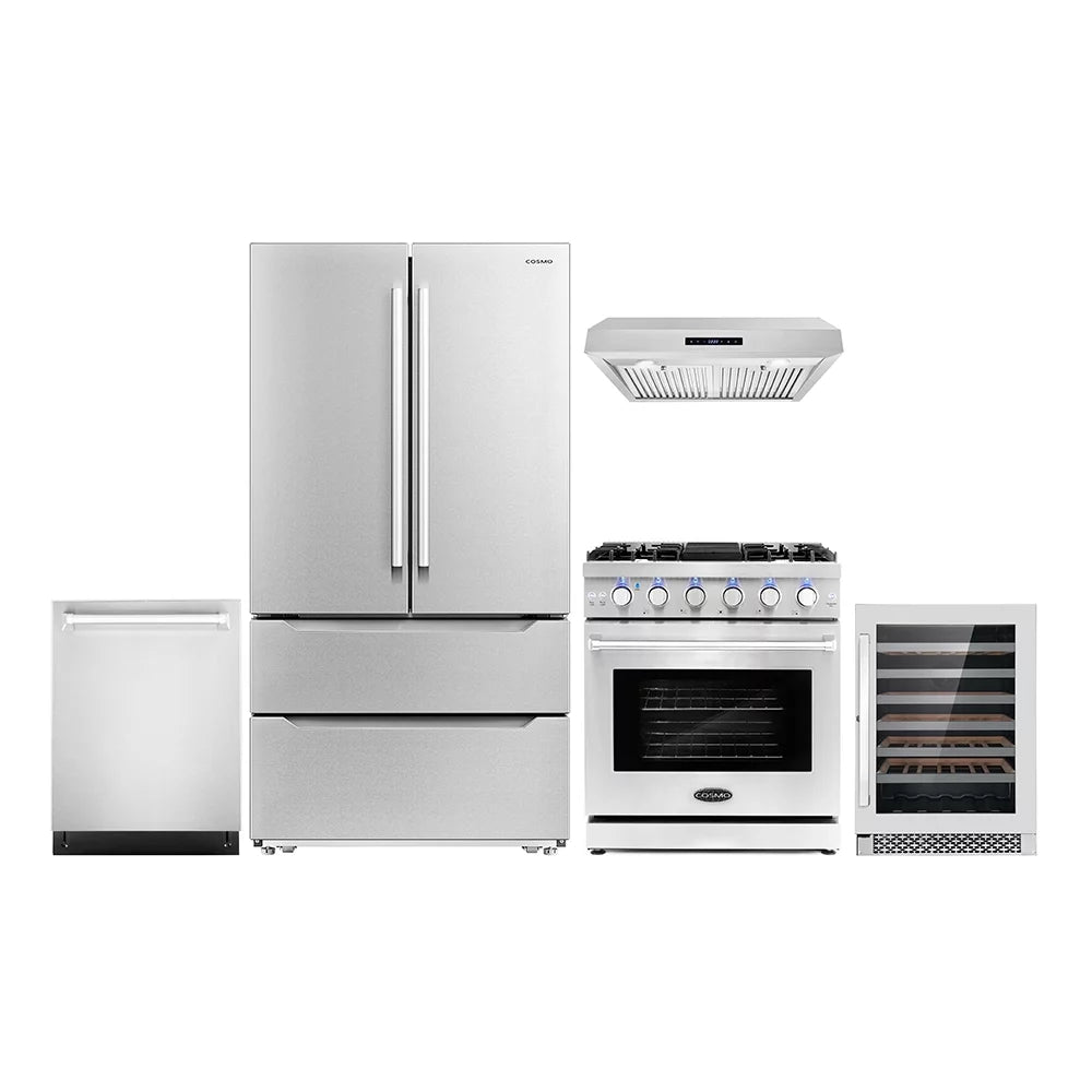 5 Piece Kitchen Appliance Package with Gas Range Dishwasher French Door Refrigerator Wine Refrigerator N78540