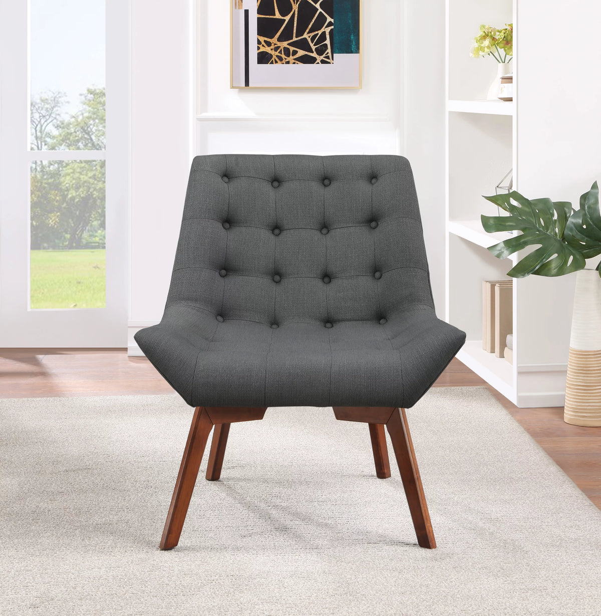 Charcoal Fabric Tufted Chair with Coffee Legs R14714