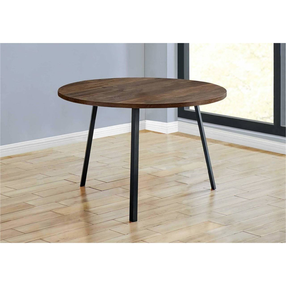 Round Dining Room Table with Brown Reclaimed Wood and Black Metal J503