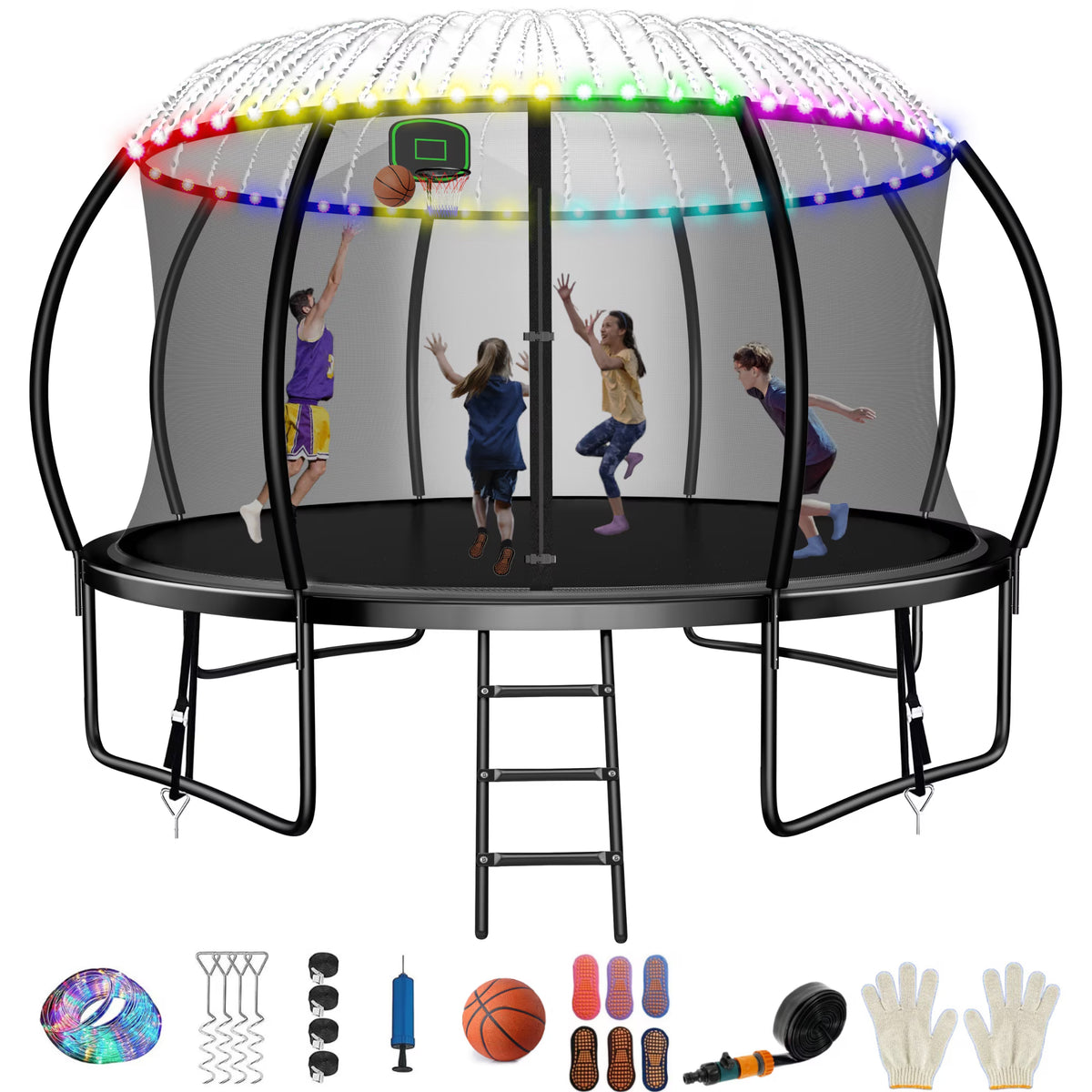 12FT Trampoline with Basketball Hoop, Enclosure Net, Sprinkler, Light, Socks, Ladder X43613