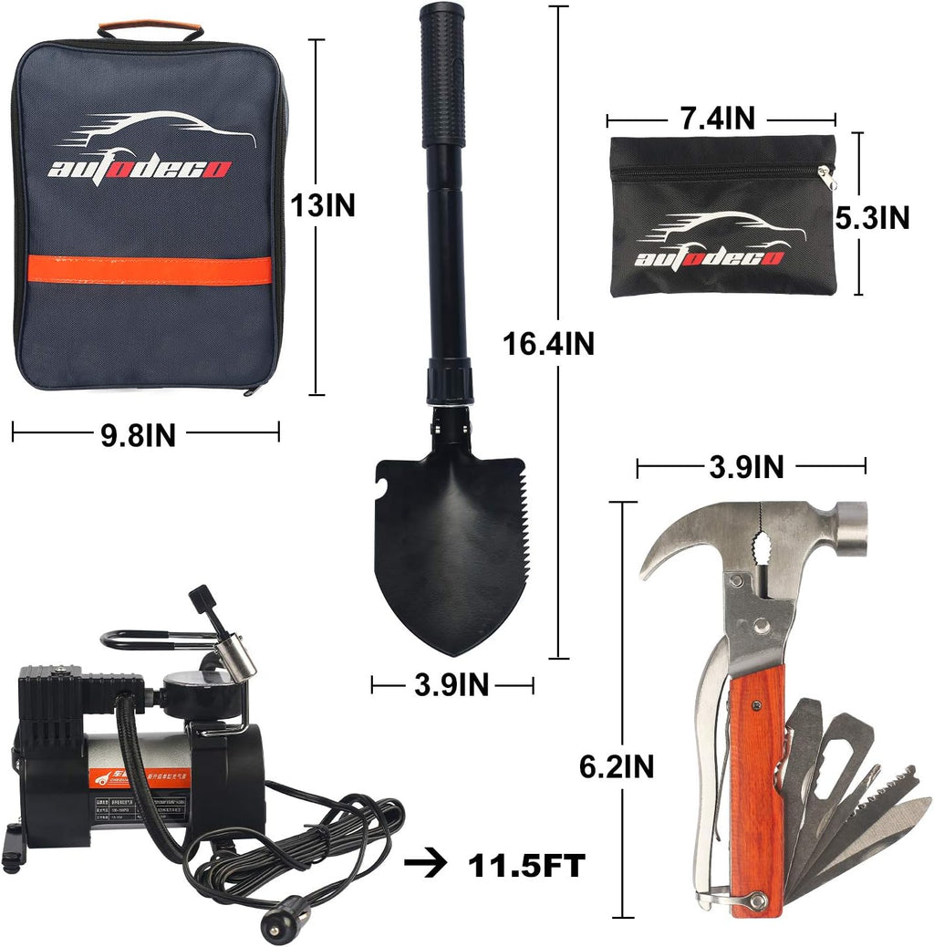 118-Piece Car Roadside Emergency Kit with Jumper Cables Portable Air Compressor Tow Strap Hammer Shovel V6267