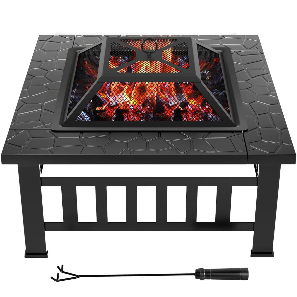 32 Square Metal Fire Pit with Cover and Poker, Black P9452