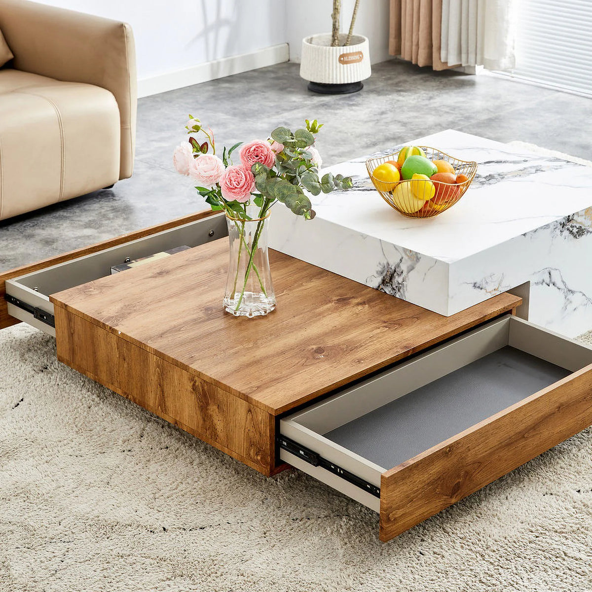 Modern Coffee Table with 2 Drawers White Finish B95522