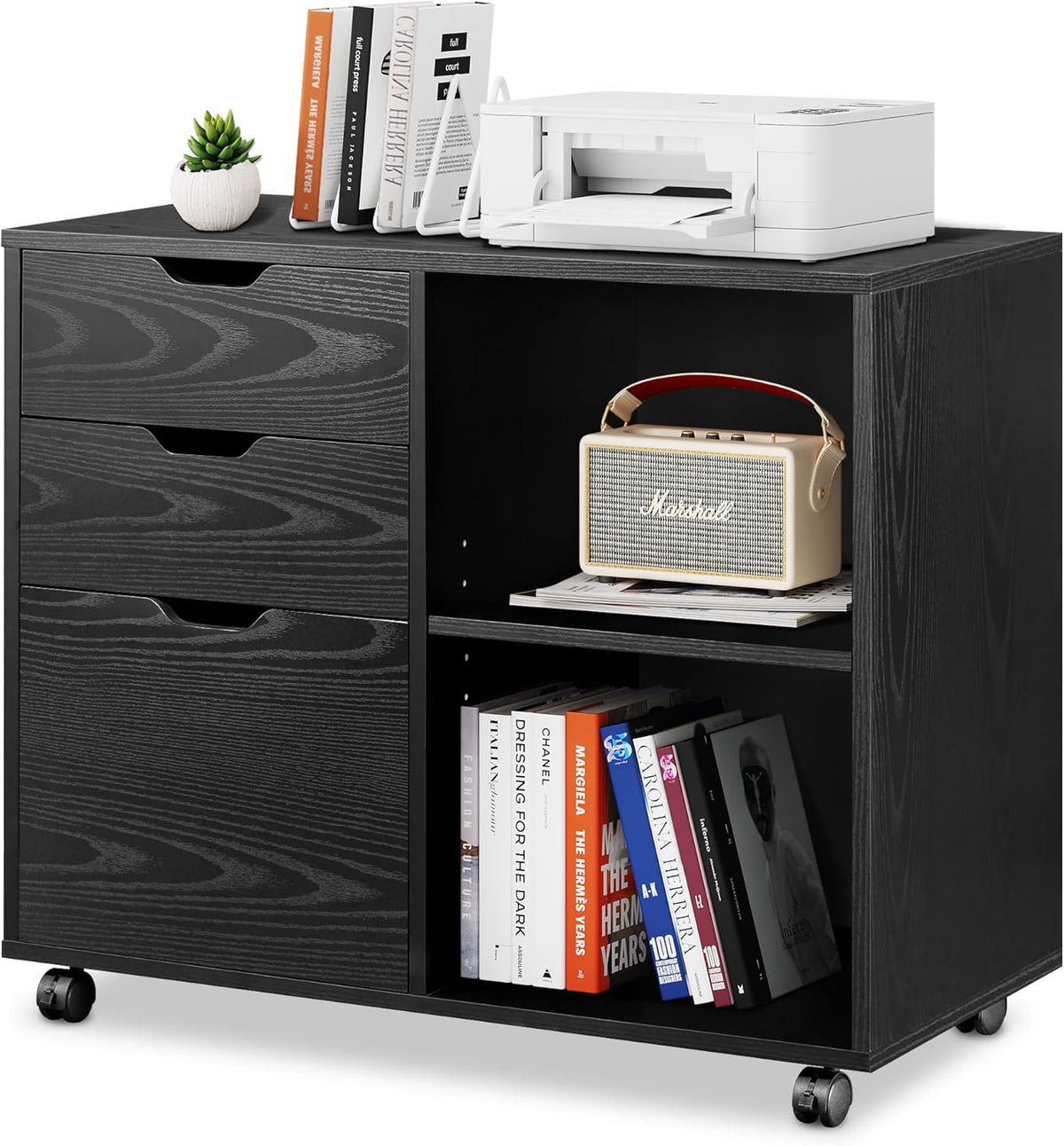Black 3-Drawer Wood File Cabinet with Open Storage Shelves Z7252