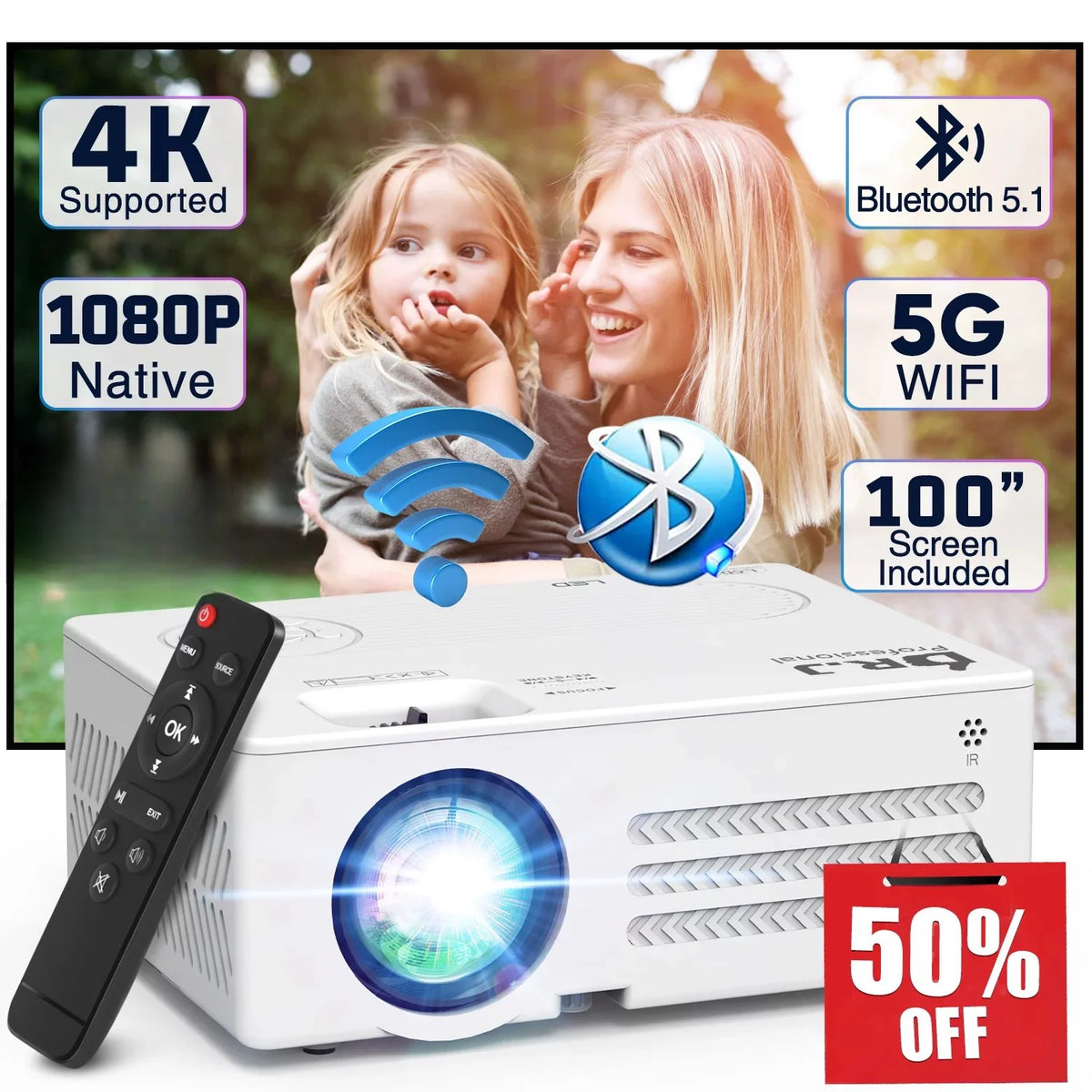 4K 1080P Wifi Bluetooth Projector with 100 Screen U326203