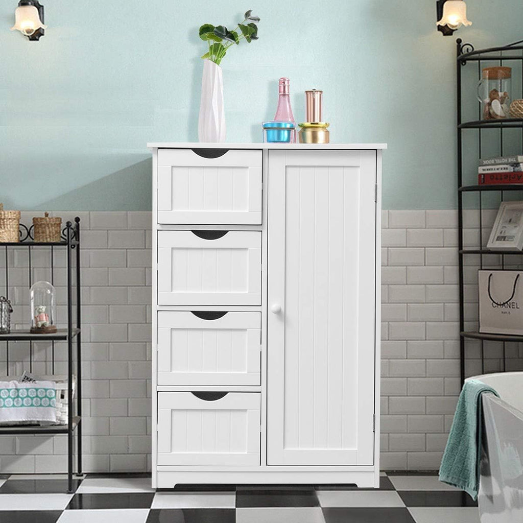 White Wooden Storage Cabinet with 4 Drawers and 1 Door A6846