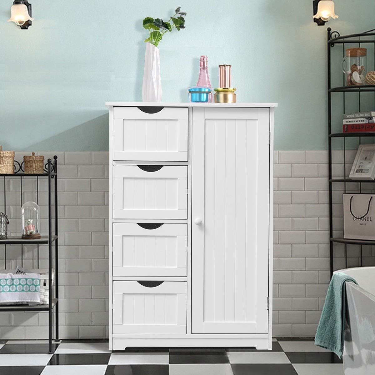 White Wooden Storage Cabinet with 4 Drawers and 1 Door A6846