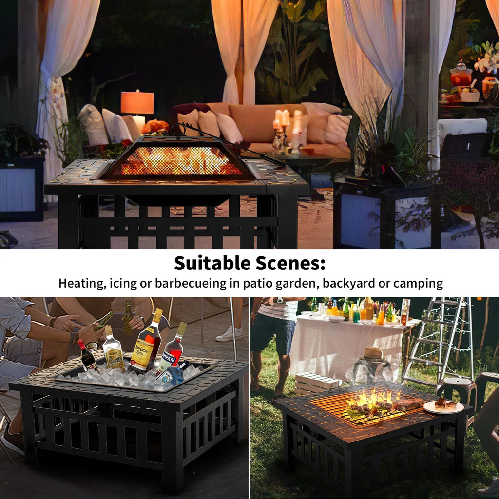 32 Square Metal Fire Pit with Cover and Poker, Black P9452