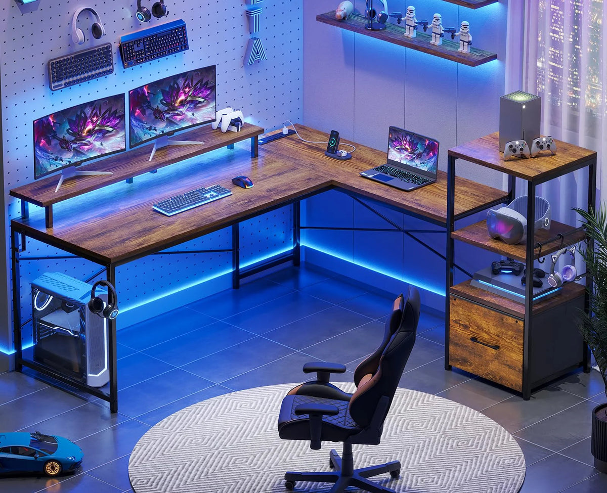 L Shaped Desk with Fabric File Drawer and Power Outlets J3194