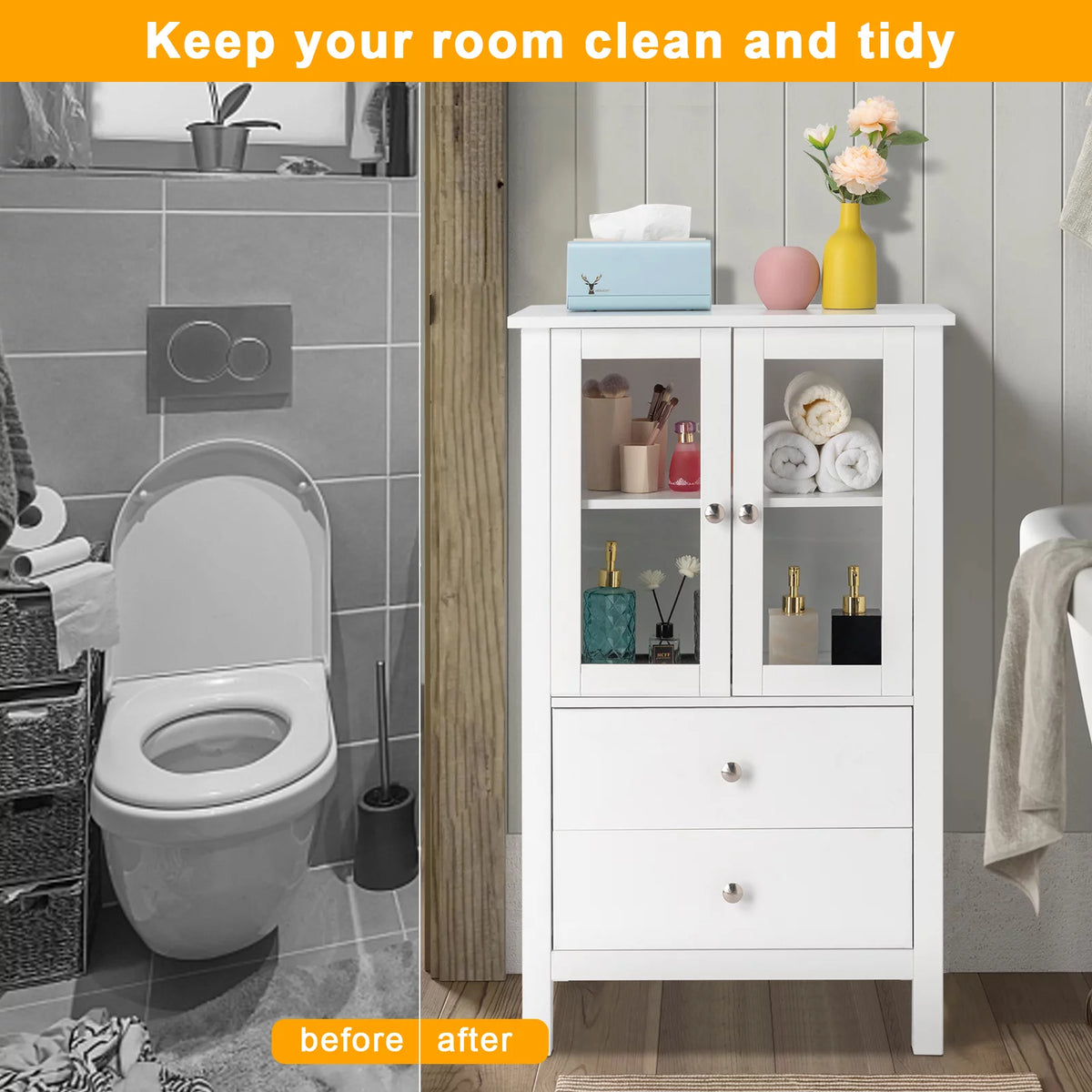 White Free Standing Bathroom Cabinet with Drawer and Shelf E8412
