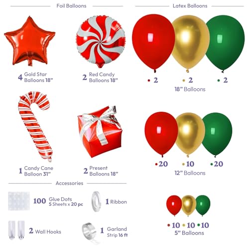 Red and Green Christmas Balloon Arch Kit with Candy Cane and Star Foil Balloons J8931